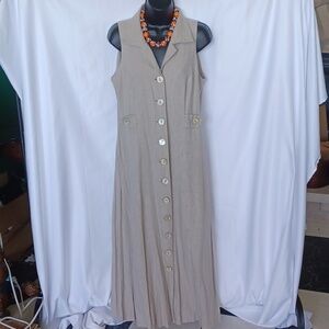 Virgo II Vintage Tan/Khaki Linen blend Sleeveless Shirt Dress, Maxi, sz 12